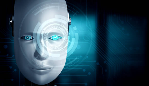 istock Robot humanoid face close up with graphic concept of AI thinking brain 1272712371