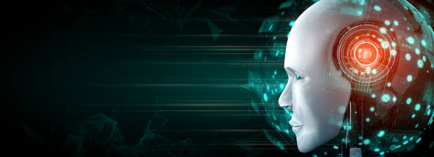 istock Robot humanoid face close up with graphic concept of big data analytic 1272712374