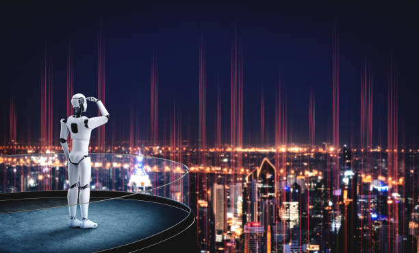 istock 3D illustration robot humanoid looking forward against cityscape skyline 1272712394