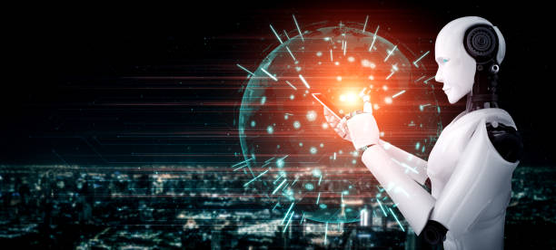 istock Robot humanoid use mobile phone or tablet for global network connection 1272712398