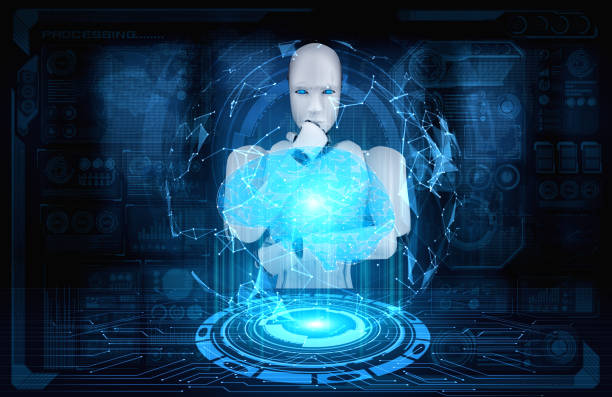 istock Thinking AI humanoid robot analyzing hologram screen showing concept of AI 1272712411