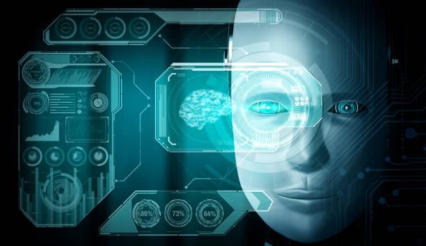 istock Robot humanoid face close up with graphic concept of big data analytic 1272712428