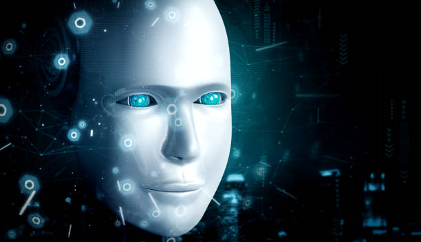 istock Robot humanoid face close up with graphic concept of AI thinking brain 1272712439
