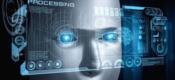 Robot humanoid face close up with graphic concept of big data analytic