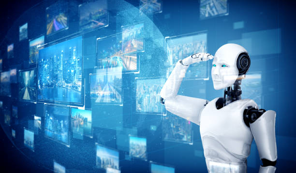 istock Humanoid AI robot looking at hologram screen showing concept of big data 1272712467