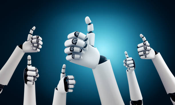 istock Robot humanoid hands up to celebrate goals success achieved by using AI 1272712478