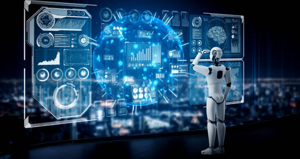 istock Humanoid AI robot looking at hologram screen showing concept of big data 1272712493