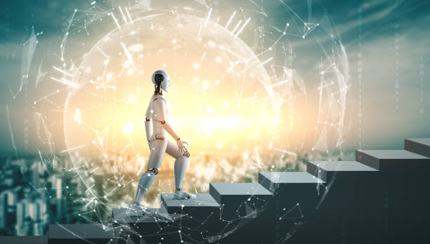 istock 3D rendering robot humanoid walk up stair to success 1272713133
