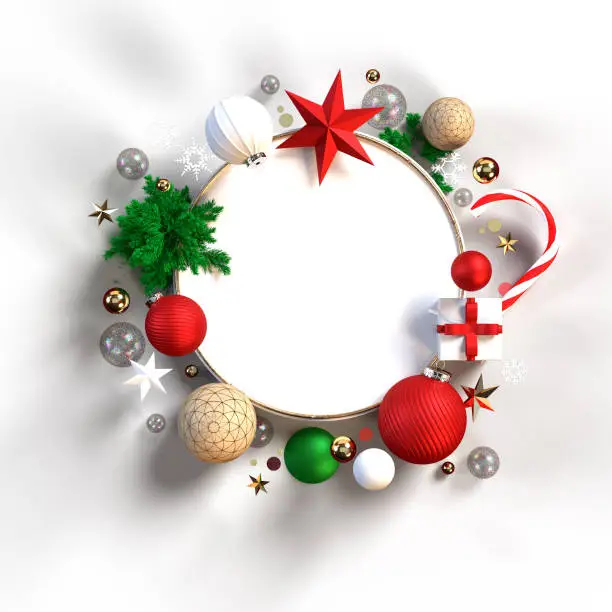 3d illustration. Christmas round wreath isolated on white background. Blank frame decorated with xmas ornaments, glass balls, crystal stars and candy cane.