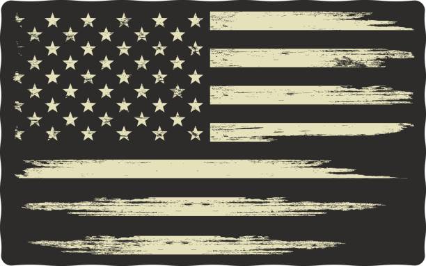 Colored illustration of the USA flag. Symbols of the USA. Vector illustration with a grunge texture on a black background. Illustration on the theme of freedom and independence of America. vintage american flag stock illustrations