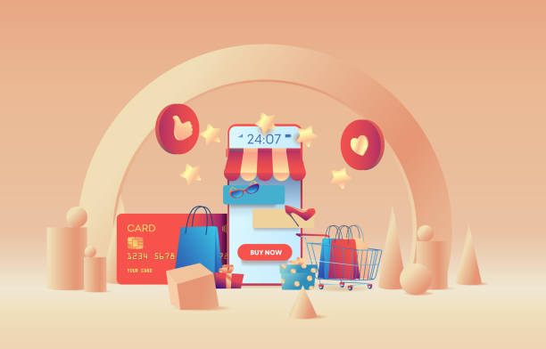 Big phone is like store. Metaphor for 24/7 online shopping. Contactless payment concept. Flat vector illustration Big phone is like store. Contactless payment concept. Metaphor for 24/7 online shopping.  Flat vector illustration e commerce paying buying sale stock illustrations
