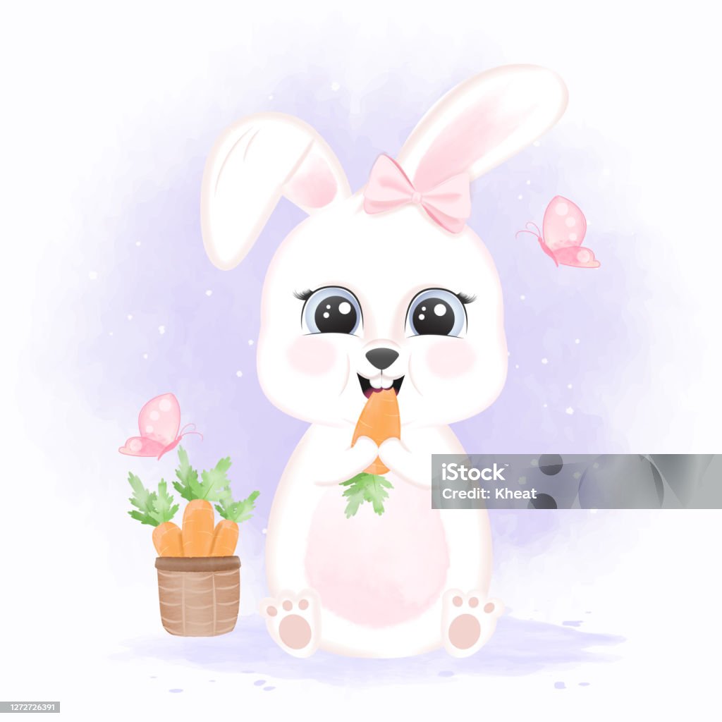 Thỏ Con Ăn Cà Rốt Và Cà Rốt Trong Giỏ Vẽ Tay Tranh Biếm Họa Màu ...