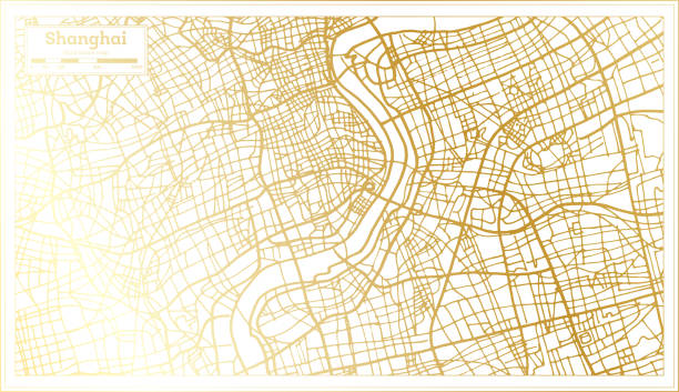shanghai china stadtkarte im retro-stil in goldener farbe. gliederungskarte. - shanghai stock-grafiken, -clipart, -cartoons und -symbole