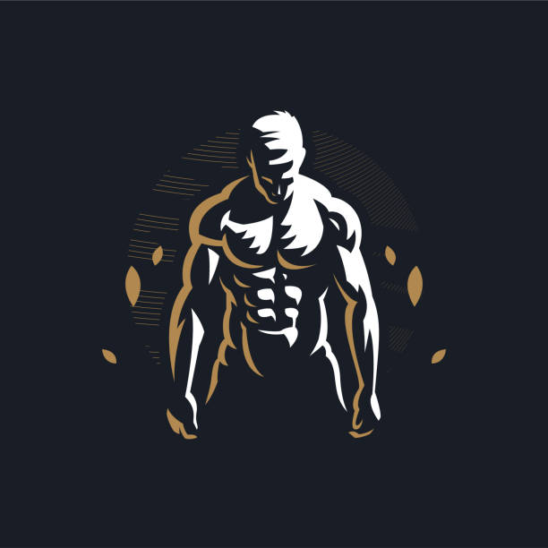 Fitness man with muscles Fitness man with muscles looks down and works out. Vector illustration. body building stock illustrations