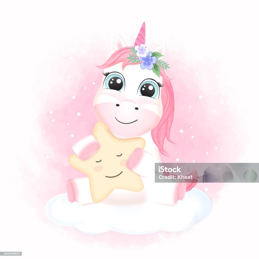 Dễ Thương Little Unicorn Ôm Ngôi Sao Trên Mây Vẽ Tranh Biếm Họa ...
