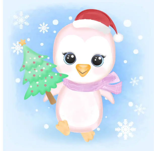 Vector illustration of Cute Baby Penguin holding pine tree and snowflake cartoon hand drawn watercolor illustration