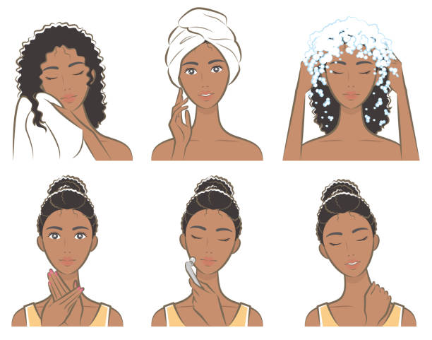 Illustration of a woman doing skin care Female upper body vector illustration black woman washing hair stock illustrations
