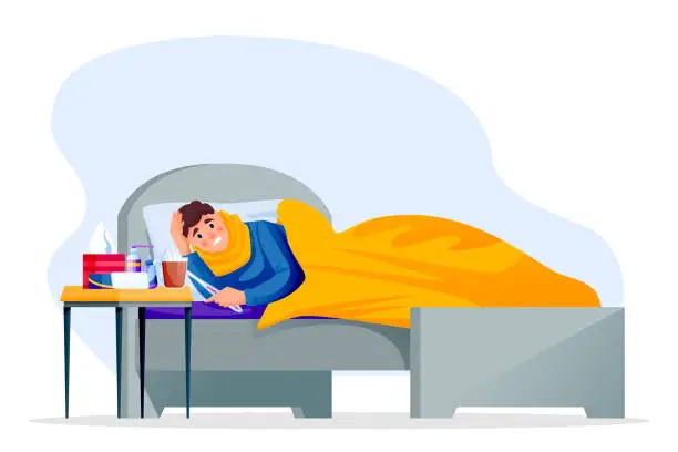 Vector illustration of Flu sick young man lying in bed under blanket. Boy have autumn or winter seasonal cold infection. Vector illustration