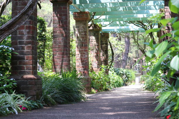 istock Brick pillar walkway surrounded by vegetation. 1272741856
