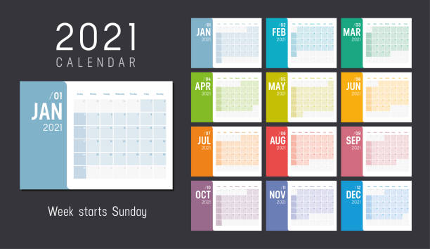 illustrazioni stock, clip art, cartoni animati e icone di tendenza di calendario mensile orizzontale 2021 colorato - calendario