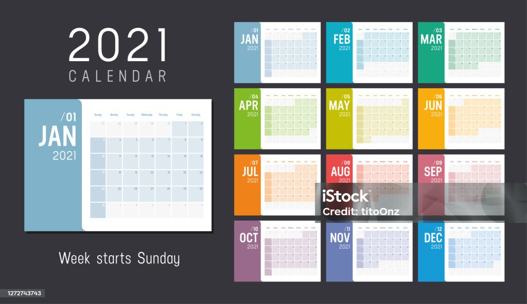 Färgglada 2021 horisontella månadskalender - Royaltyfri Kalender vektorgrafik