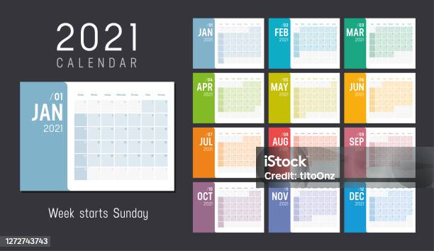 Färgglada 2021 Horisontella Månadskalender-vektorgrafik och fler bilder på Kalender - Kalender, 2021, Mall
