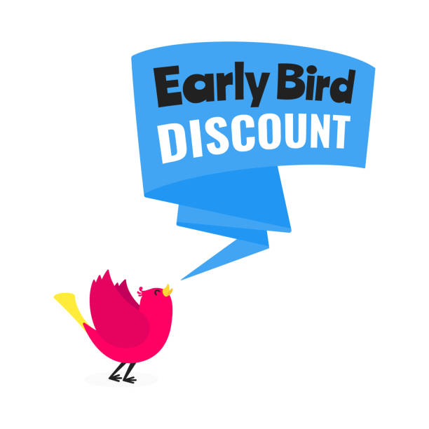 Early bird special offer discount sale event banner flat style design vector illustration. Tiny bird and big ribbon banner with text isolated on white background. Early bird special offer discount sale event banner flat style design vector illustration. Tiny bird and big ribbon banner with text isolated on white background. the early bird catches the worm stock illustrations