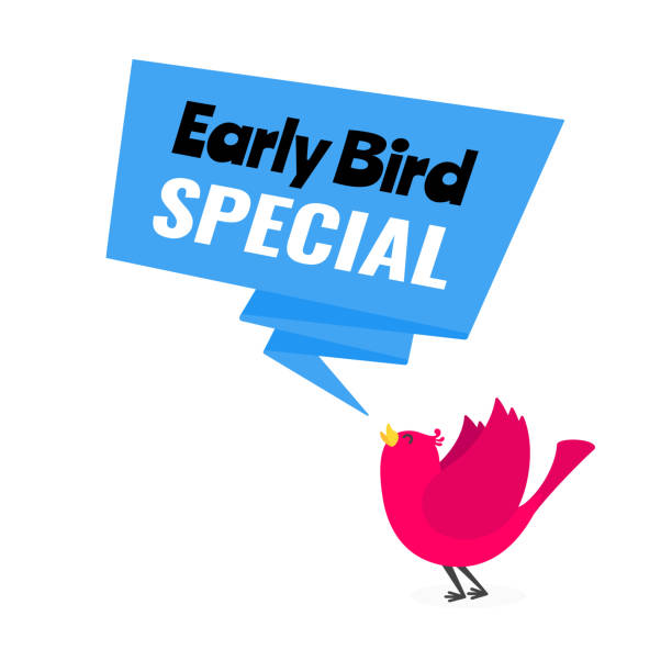 Early bird special offer discount sale event banner flat style design vector illustration. Tiny bird and big ribbon banner with text isolated on white background. Early bird special offer discount sale event banner flat style design vector illustration. Tiny bird and big ribbon banner with text isolated on white background. the early bird catches the worm stock illustrations