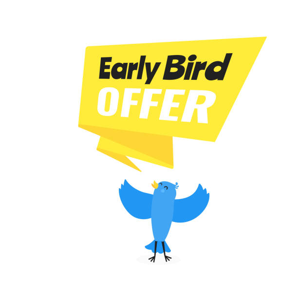 Early bird special offer discount sale event banner flat style design vector illustration. Tiny bird and big ribbon banner with text isolated on white background. Early bird special offer discount sale event banner flat style design vector illustration. Tiny bird and big ribbon banner with text isolated on white background. the early bird catches the worm stock illustrations