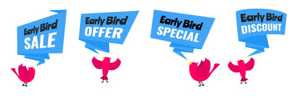 Early bird special offer discount sale event banner flat style design vector illustration set. Tiny bird and big ribbon banner with text isolated on white background. Early bird special offer discount sale event banner flat style design vector illustration set. Tiny bird and big ribbon banner with text isolated on white background. the early bird catches the worm stock illustrations