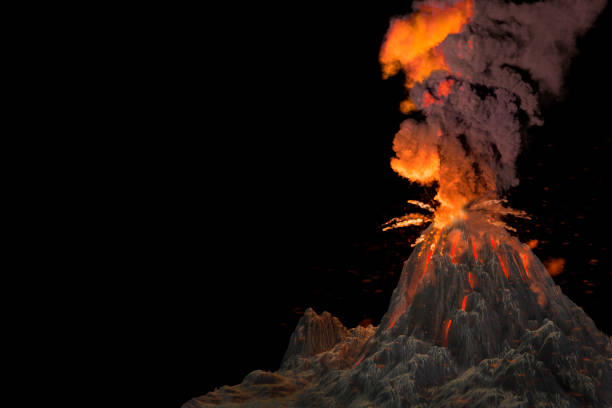 istock conical volcano blast eruption with huge smoke pillar and fire isolated on black, troubles because of natural disaster and volcanic earthquake concept - 3D illustration of nature 1272747731