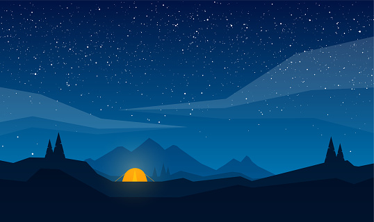 Vector illustration: Night mountains landscape with tent camp, geometric clouds and star sky.