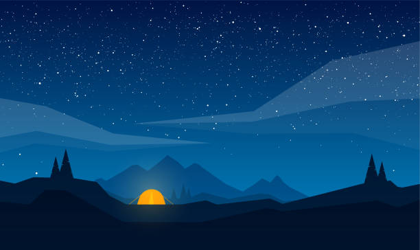 Vector Night mountains landscape with tent camp, geometric clouds and star sky. Vector illustration: Night mountains landscape with tent camp, geometric clouds and star sky. hiking backgrounds stock illustrations