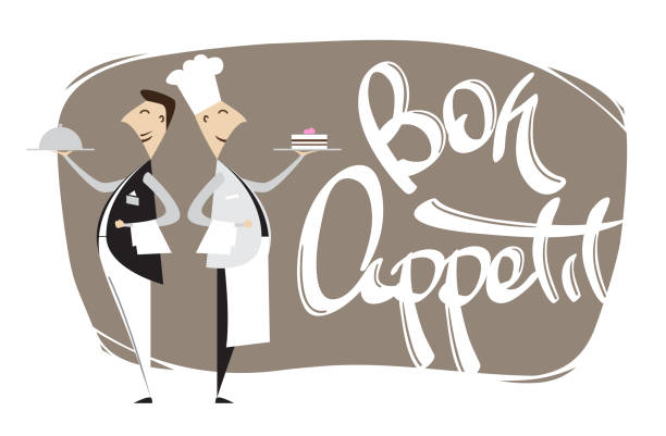 illustrazioni stock, clip art, cartoni animati e icone di tendenza di scena vector cartoon con cameriere, chef e lettering a mano di bon appetit. isolato su sfondo bianco. - bon appetite