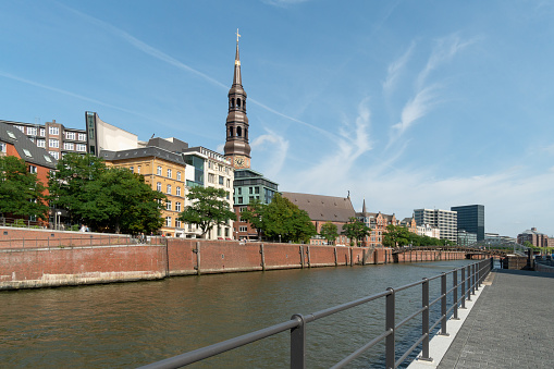 Hamburg, Germany - September 13. 2020: Elbe channel in the district of old granaries in Hamburg.
