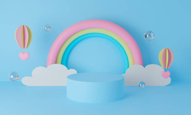 3d blue podium on pastel background abstract. 3d rendering for display product mockup design. Creative ideas minimal summer design. Sweet cute rainbow with clouds and paper art balloon. Cartoon. podio azul 3d sobre fondo pastel abstracto. renderizado en 3d para el diseño de maqueta de producto de visualización. ideas creativas diseño minimalista de verano. dulce arco iris lindo con nubes y globo de arte de papel. dibujos animados.
