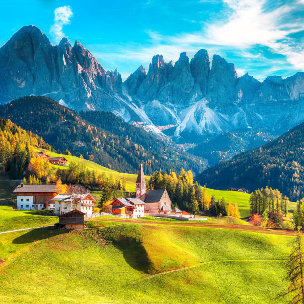 Santa Maddalena village in Dolomites Colorful autumn scene of magnificent  Santa Maddalena village in Dolomites.  Location: Santa Maddalena village, Val di Funes, Trentino-Alto Adige, Dolomites, Italy, Europe autumn field tree mountain stock pictures, royalty-free photos & images