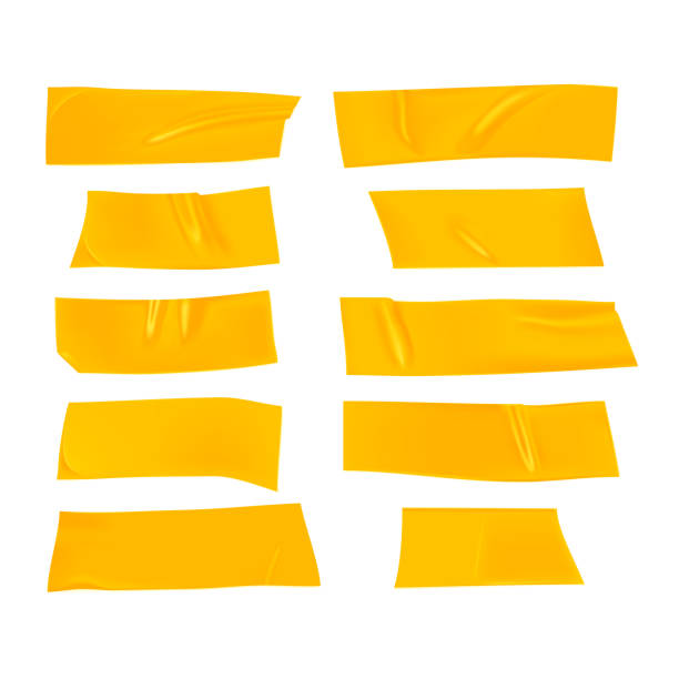 istock Yellow duct tape set. Realistic yellow adhesive tape pieces for fixing isolated on white background. Paper glued. Realistic 3d vector illustration 1272750204