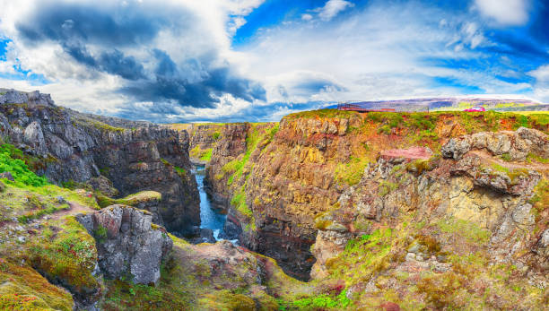 il canyon di kolugljufur e le cascate di kolufossar. - kolufossar foto e immagini stock