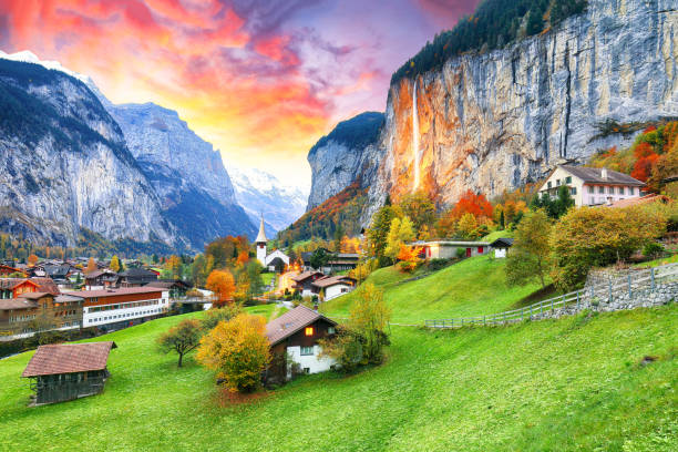 istock Lauterbrunnen valley with gorgeous Staubbach waterfall 1272751007
