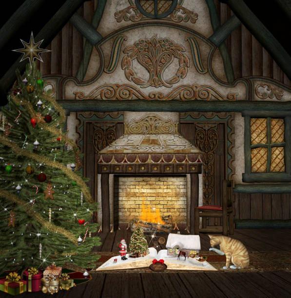 istock Warm christmas room with a red cat and a decorated tree 1272751918