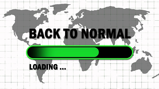 BACK TO NORMAL lettering in black color - green loading progress bar in front of world map background - 3D-illustration