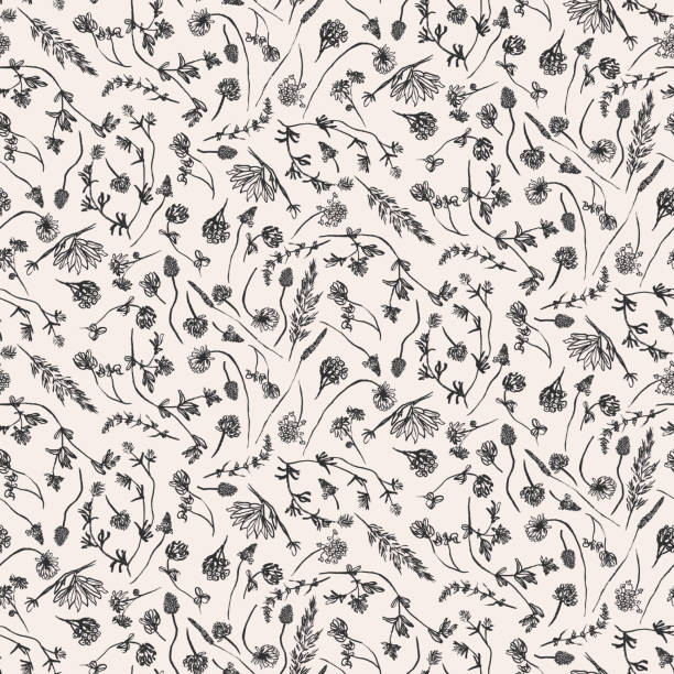 wildflowers and grasses sketches seamless vector pattern Wildflowers and grasses sketches seamless vector pattern. Hand drawn meadow plants surface print design for fabrics, stationery, scrapbook, gift wrap, and packaging. all over pattern stock illustrations