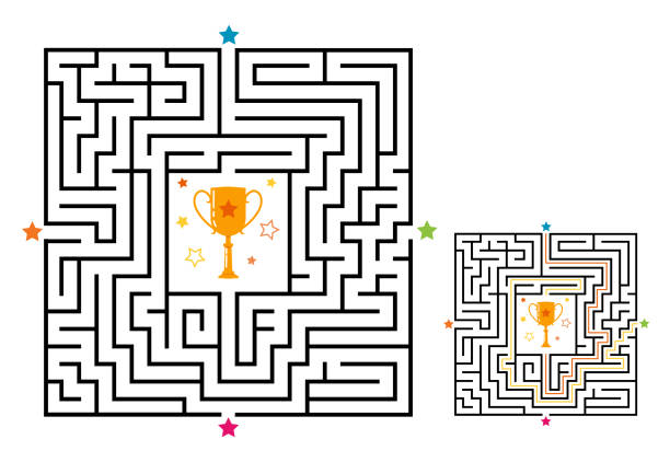 quadratische labyrinth labyrinth spiel für kinder. labyrinth logik rätsel mit sieger-cup. vier eingänge und ein richtiger weg zu gehen. vektor flache illustration - child discovery surprise playing stock-grafiken, -clipart, -cartoons und -symbole