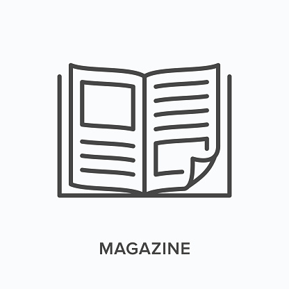 Magazine flat line icon. Vector outline illustration of news brochure, catalog page. Latest press thin linear pictogram.