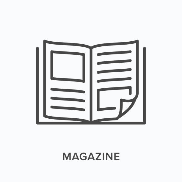 Magazine flat line icon. Vector outline illustration of news brochure, catalog page. Latest press thin linear pictogram Magazine flat line icon. Vector outline illustration of news brochure, catalog page. Latest press thin linear pictogram. reading stock illustrations