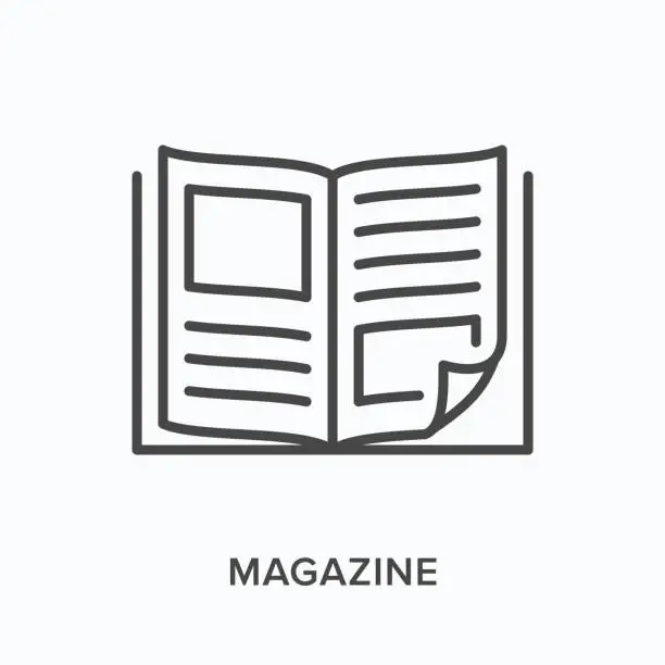 Vector illustration of Magazine flat line icon. Vector outline illustration of news brochure, catalog page. Latest press thin linear pictogram