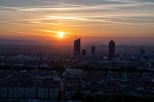 Dawn on Lyon detaching the silhouettes of the towers of the Part-Dieu district