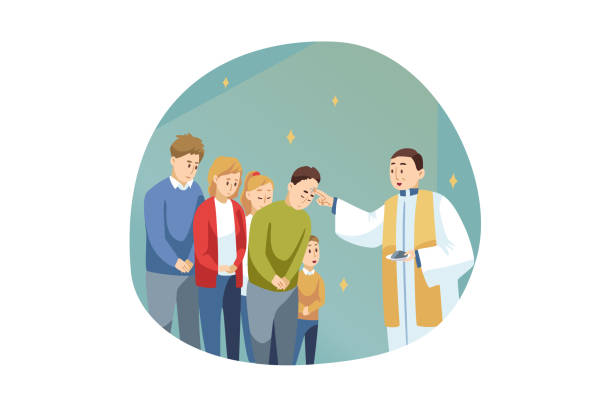Religion, holiday, Bible, christianity celebration concept Religion, holiday, Bible, celebration concept. Young man guy priest receiveing communion of people men women parish in church celebrating Ash Wednesday. Religious lifestyle Lent beginning illustration lent stock illustrations