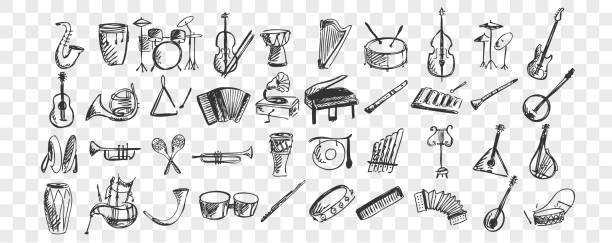 Musical instruments doodle set Musical instruments doodle set. Collection of hand drawn sketches templates drawing patterns of music instrument piano drums guitar flute saxophone on transparent background. Art and creativity. musical instrument stock illustrations